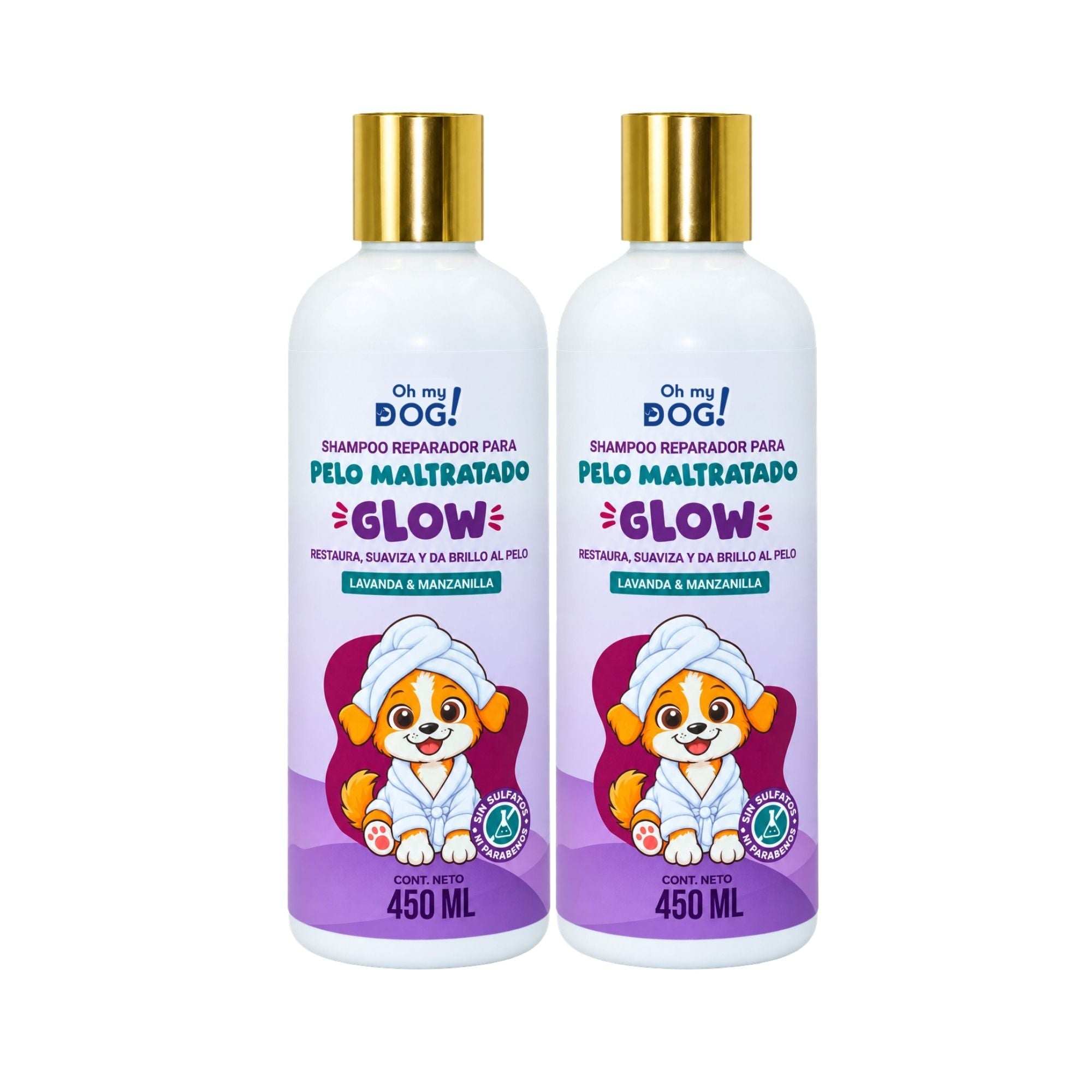 Shampoo Perros y Gatos GLOW Lavanda & Manzanilla para Pelo Maltratado | Duo 2 x 450 ml | Oh My Dog