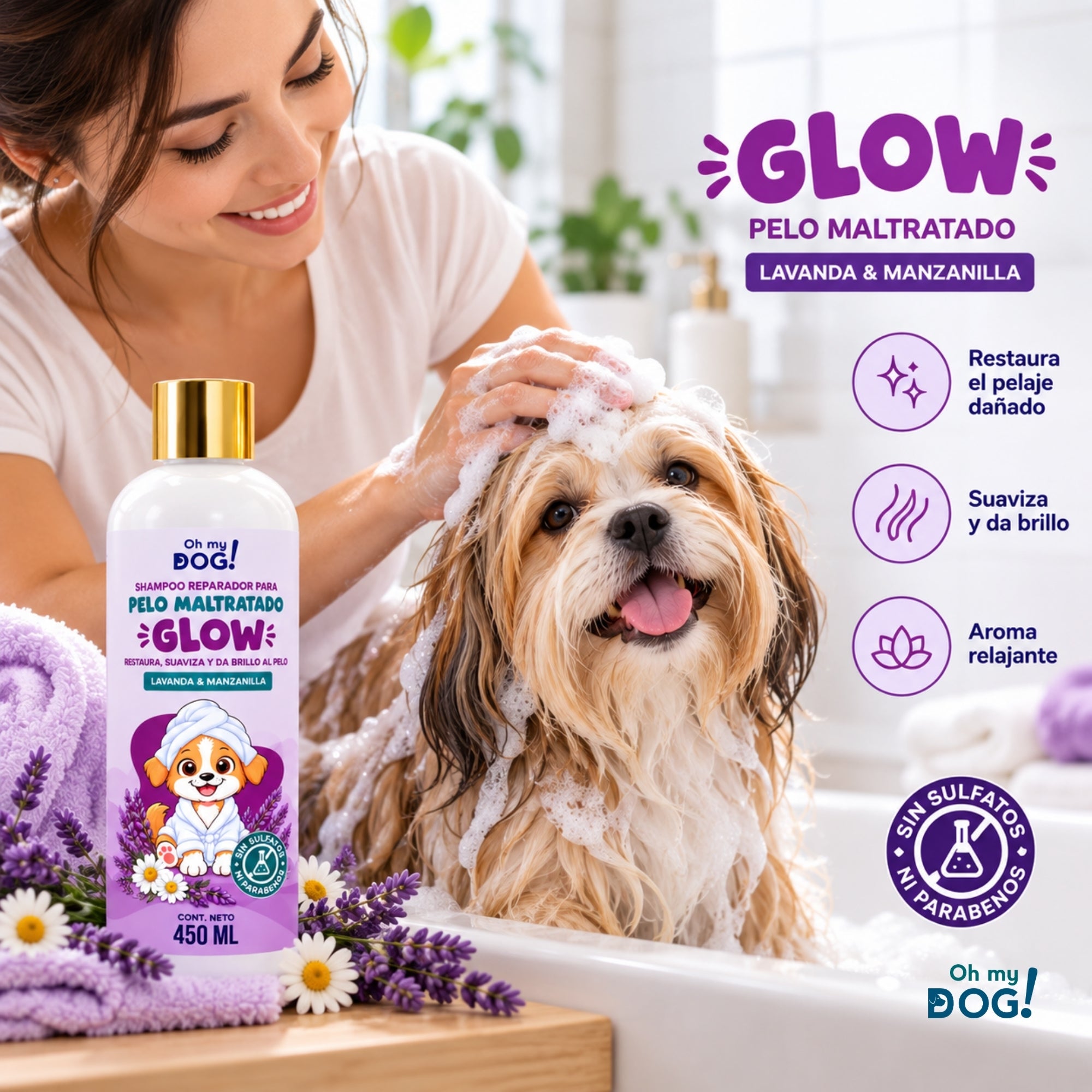 OH MY DOG Tripack Shampoo para Perros , Sensitive Aloe Vera & Avena + Balance Té Verde & Jojoba + Glow Lavanda & Manzanilla, 3 x 450 ml