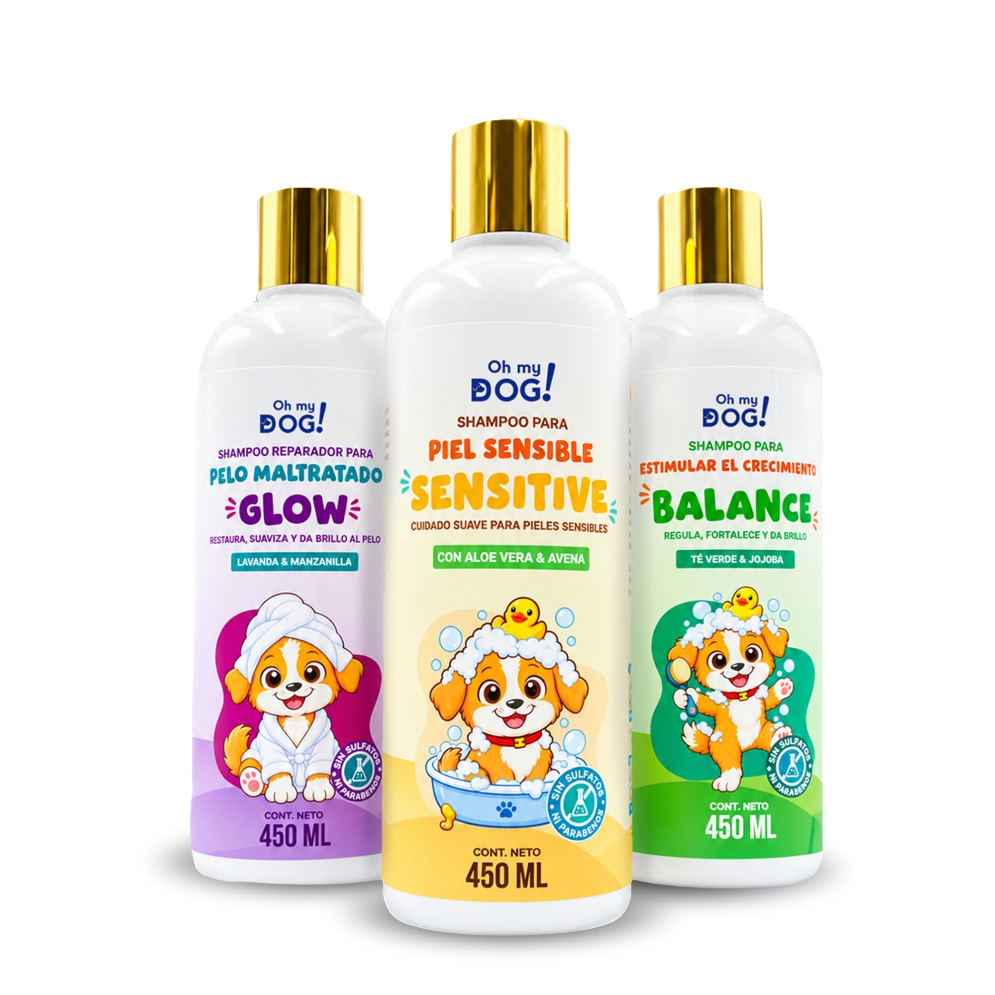 OH MY DOG Tripack Shampoo para Perros , Sensitive Aloe Vera & Avena + Balance Té Verde & Jojoba + Glow Lavanda & Manzanilla, 3 x 450 ml